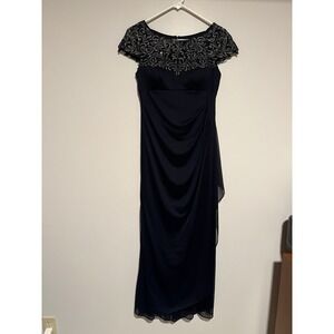 Xscape Navy Lace Embellished Cap Sleeve Ruched Sheath MAXI Dress 8 Petite